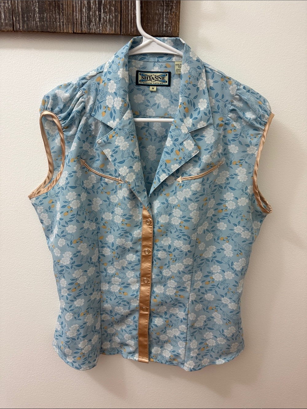 Shyanne Powder Blue Floral Sleeveless Blouse with Gold Trim